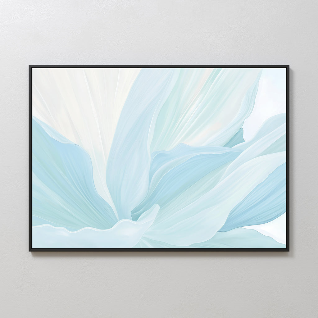 Icy Petals Abstract Canvas Art, featuring soft, flowing shapes in light blue and white tones, adds a minimalist touch to any room—ideal as elegant living room decor or stylish wall art.