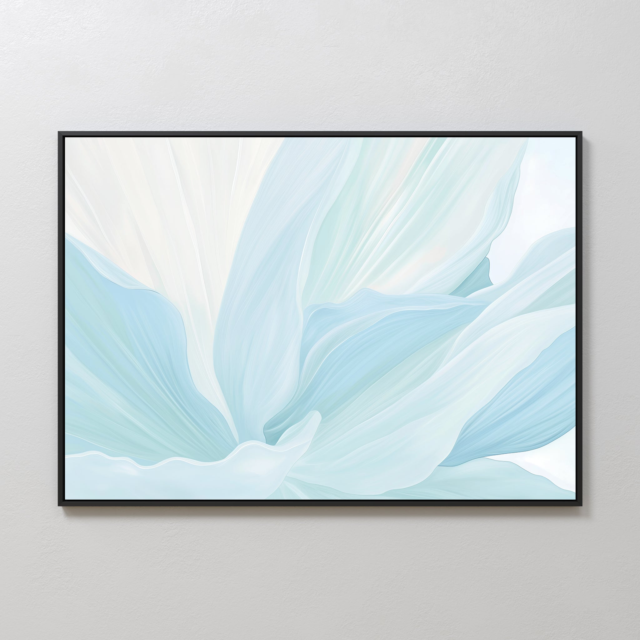 Icy Petals Abstract Canvas Art, featuring soft, flowing shapes in light blue and white tones, adds a minimalist touch to any room—ideal as elegant living room decor or stylish wall art.