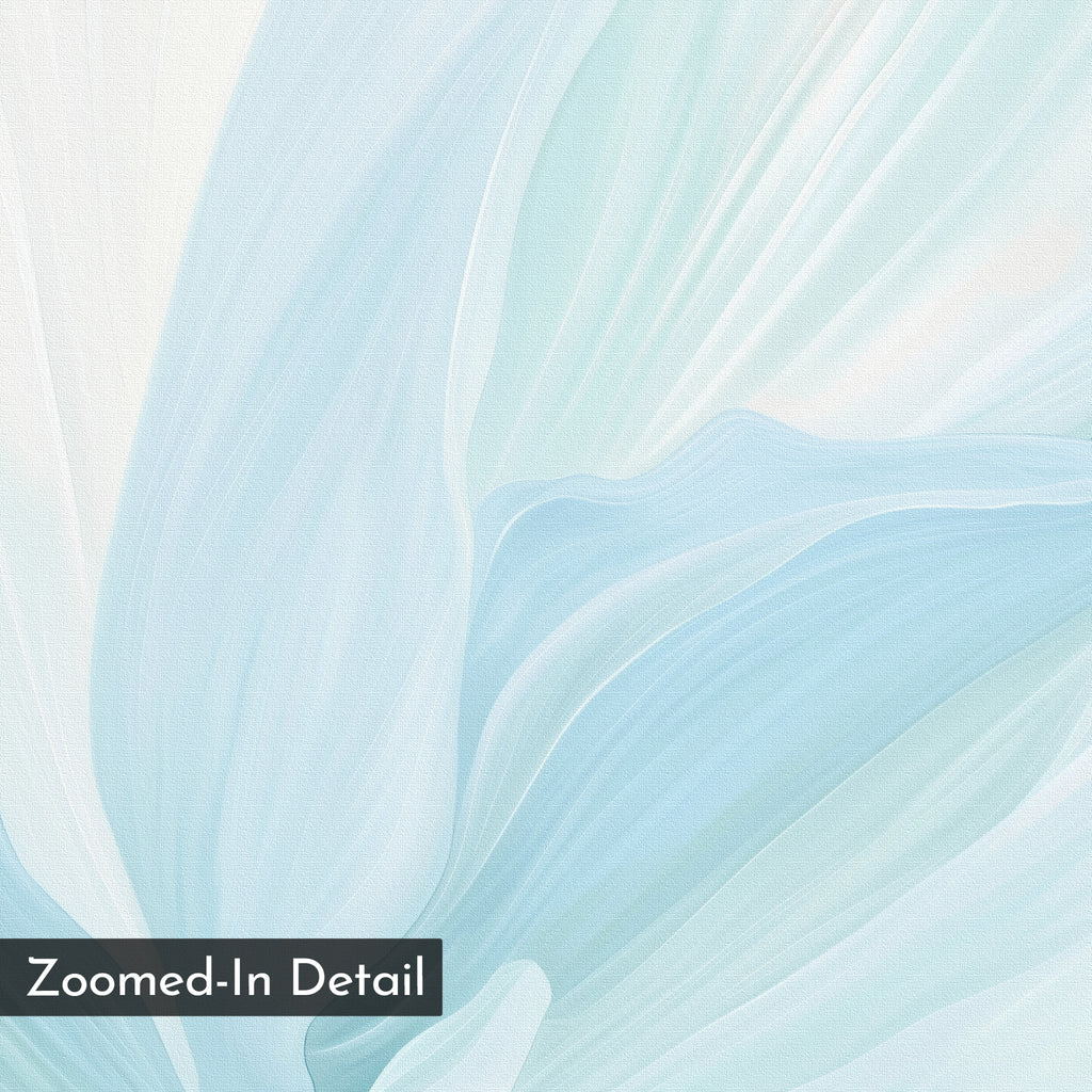 Icy Petals Abstract Canvas Art: Close-up of soft, pale blue and white flowing shapes evokes delicate petals or fabric—perfect minimalist wall art to refresh your living room. Features a "Zoomed-In Detail" label in the bottom left corner.