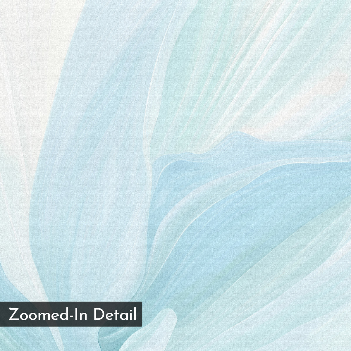 Icy Petals Abstract Canvas Art: Close-up of soft, pale blue and white flowing shapes evokes delicate petals or fabric—perfect minimalist wall art to refresh your living room. Features a "Zoomed-In Detail" label in the bottom left corner.