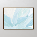The Icy Petals Abstract Canvas Art features soft, abstract flower petals in pale blue and white. Delicate brushstrokes create a flowing pattern, making it ideal minimalist wall art for bedroom decor.