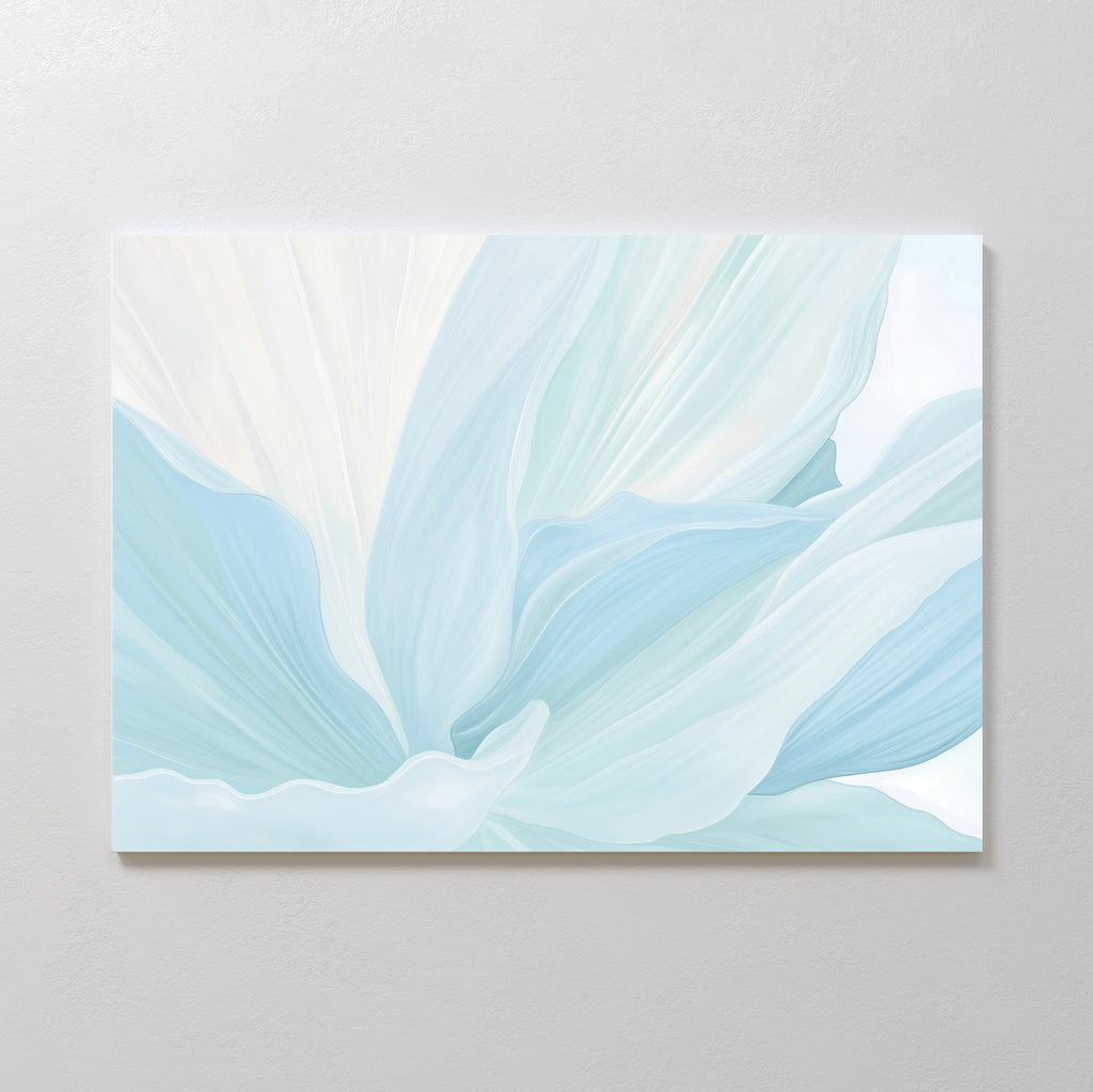 Icy Petals Abstract Canvas Art features soft, flowing petals in light blue and white, creating a serene floral design—ideal minimalist wall art for calming bedroom decor.