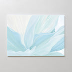 Icy Petals Abstract Canvas Art features soft, flowing petals in light blue and white, creating a serene floral design—ideal minimalist wall art for calming bedroom decor.