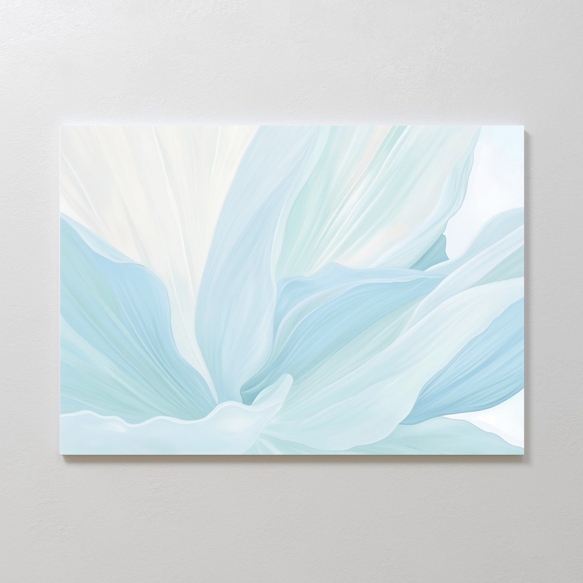 Icy Petals Abstract Canvas Art features soft, flowing petals in light blue and white, creating a serene floral design—ideal minimalist wall art for calming bedroom decor.