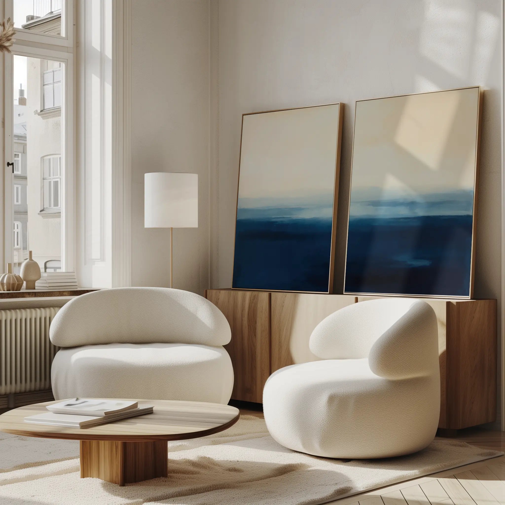 A modern living room with two rounded white armchairs, a low wooden coffee table, and the Indigo Horizon Set of 2 wall art leaning on a wooden sideboard beneath large windows—perfect for modern decor.