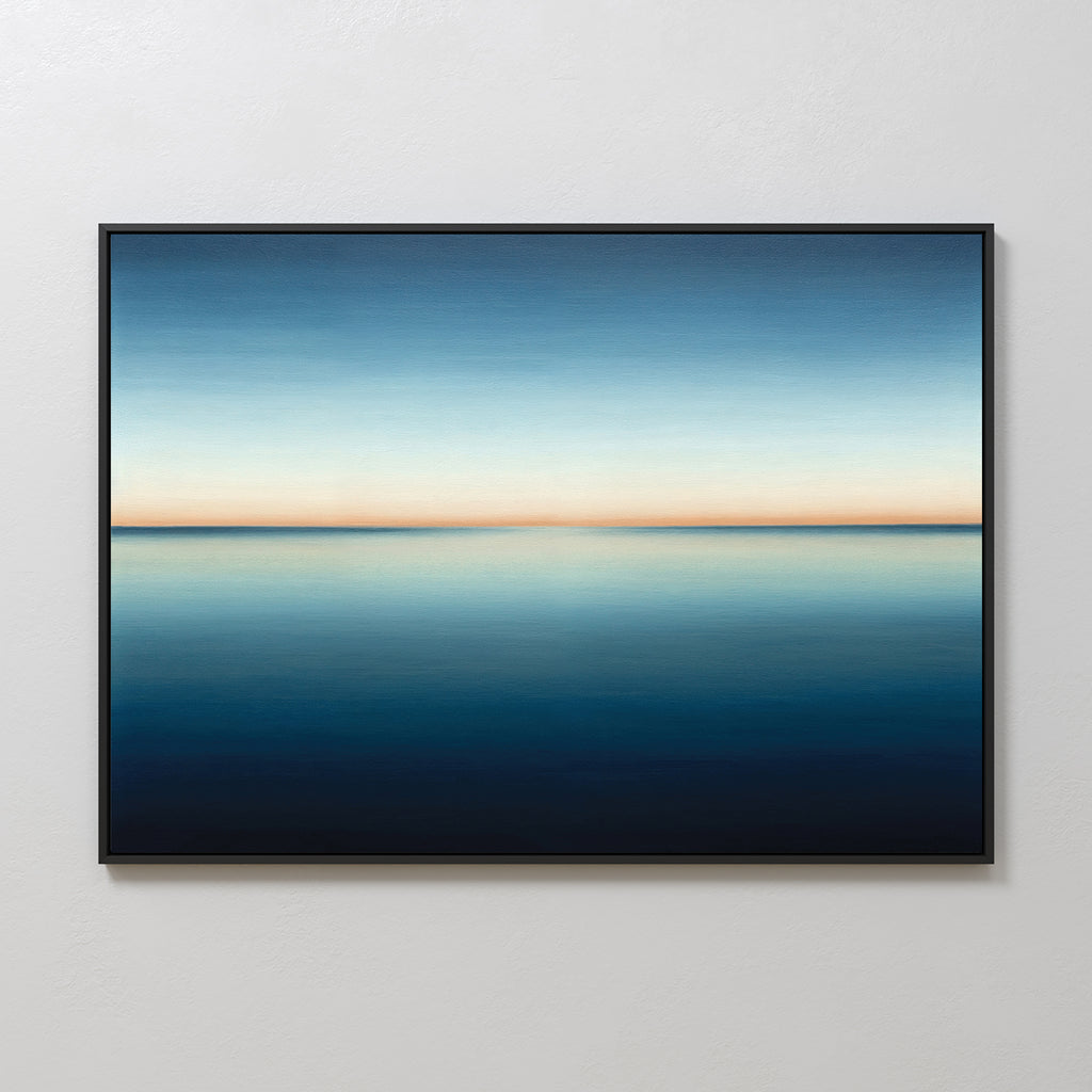 The Indigo Passage Canvas Art – Horizontal features a tranquil, minimalist horizon over calm water with a gradient sky, ideal for modern living room decor and adding serene elegance to your space.