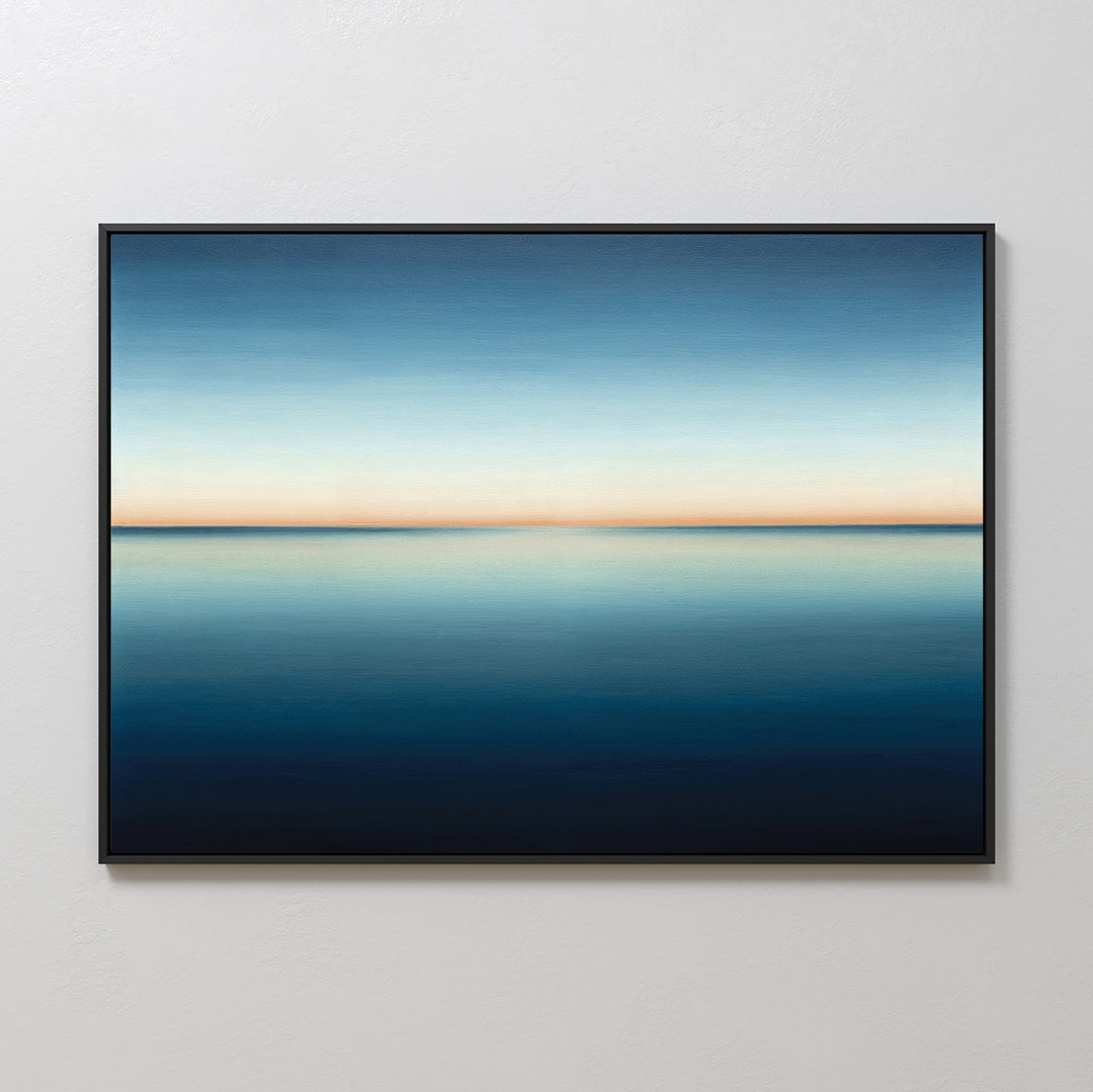 The Indigo Passage Canvas Art – Horizontal features a tranquil, minimalist horizon over calm water with a gradient sky, ideal for modern living room decor and adding serene elegance to your space.