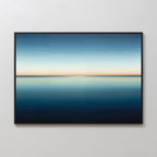 The Indigo Passage Canvas Art – Horizontal features a tranquil, minimalist horizon over calm water with a gradient sky, ideal for modern living room decor and adding serene elegance to your space.