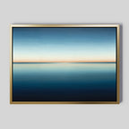 Indigo Passage Canvas Art – Horizontal features a serene seascape with a calm indigo-blue ocean and a soft orange horizon, creating minimalist wall art ideal for modern living room decor.