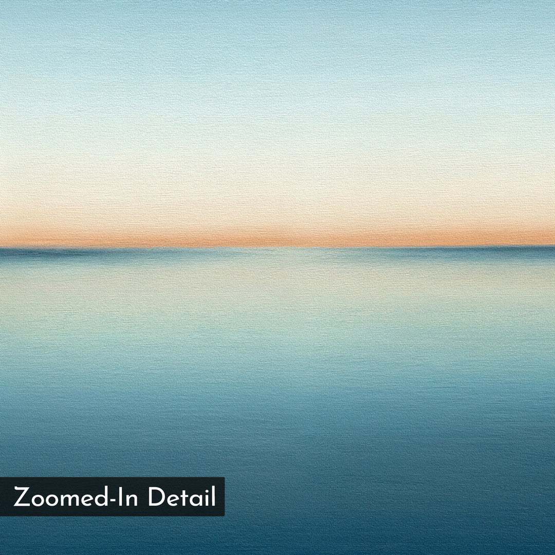 The Indigo Passage Canvas Art – Horizontal features a serene, minimalist painting of a calm sea and sky in soft blue and peach gradients. Ideal as large wall art for modern living rooms. "Zoomed-In Detail" appears in a black box at the lower left corner.