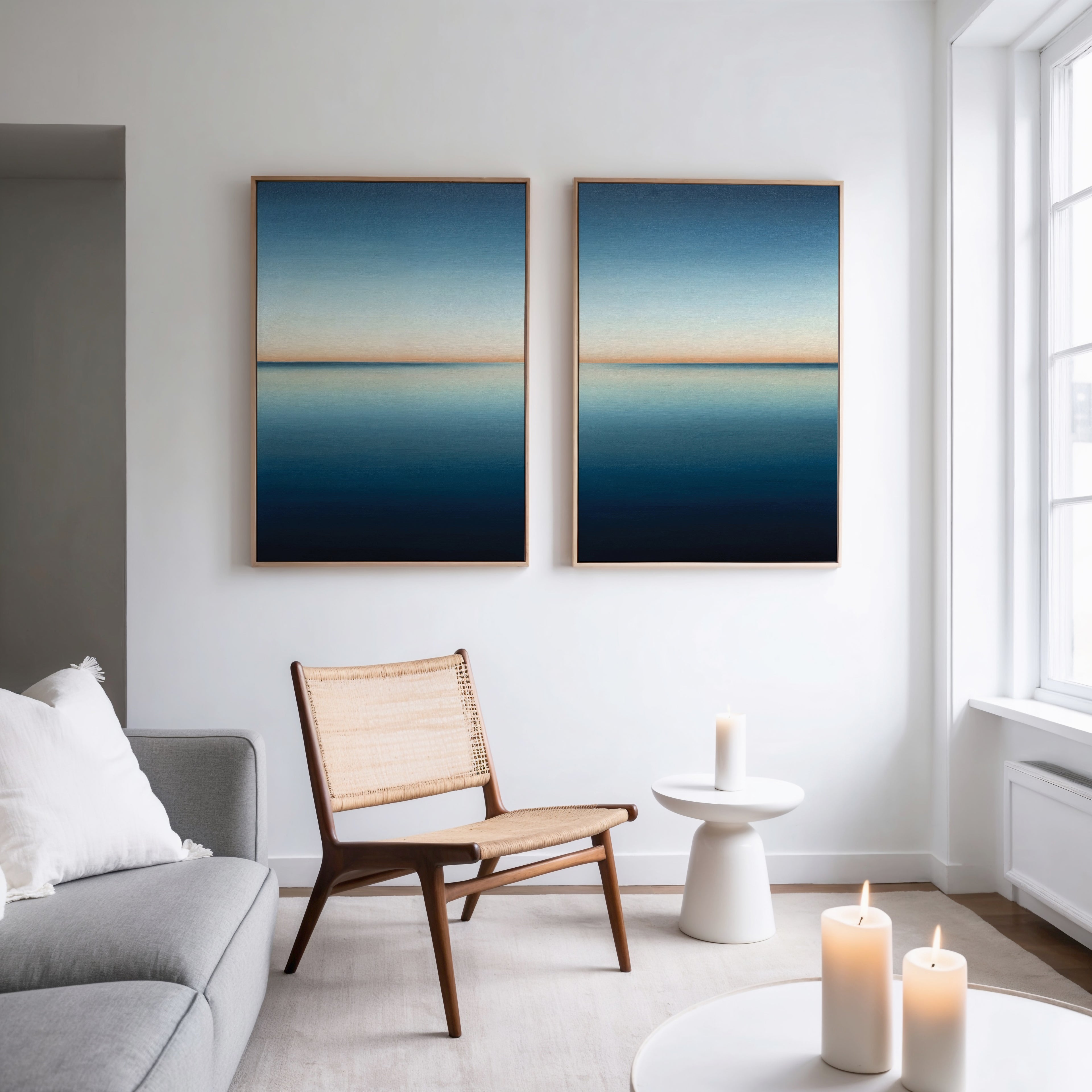 A modern living room with a grey sofa, wooden chair, small round white table, and lit candles. The Indigo Passage Set of 2 minimalist wall art in blue and gold hangs above the chair, adding a stylish touch to the decor.