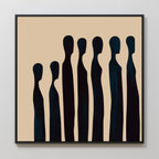 The Indigo Profile Abstract Canvas Art features six tall, faceless figures in a minimalist, modern style on a beige background—ideal wall decor for any living room.