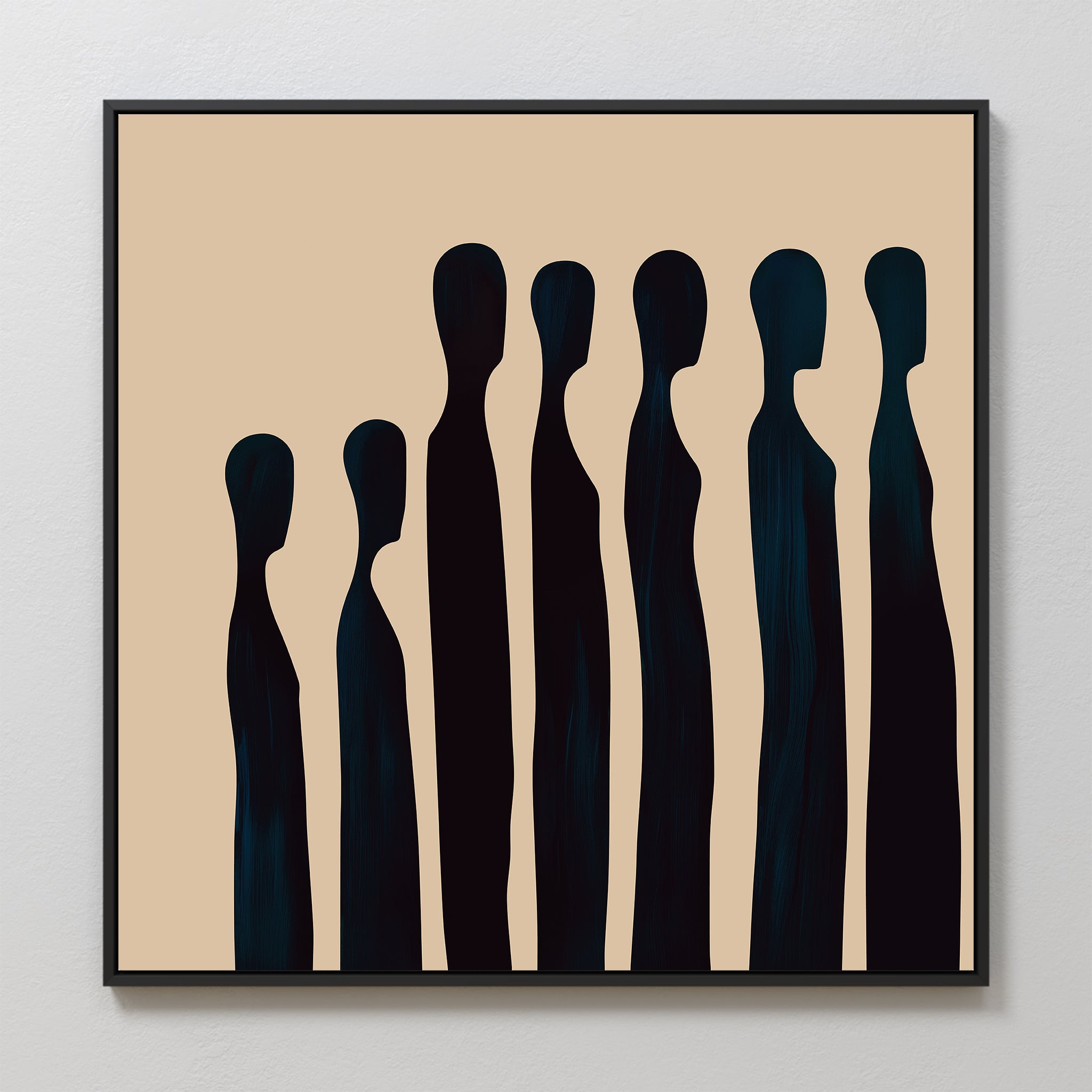 The Indigo Profile Abstract Canvas Art features six tall, faceless figures in a minimalist, modern style on a beige background—ideal wall decor for any living room.