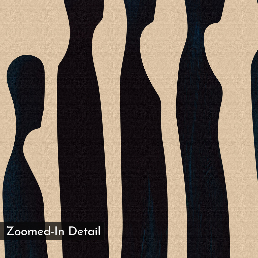 The Indigo Profile Abstract Canvas Art features tall, wavy black forms on a beige background, resembling elongated figures. Its minimalist, canvas-like texture is ideal for modern living room decor, with "Zoomed-In Detail" in the corner.