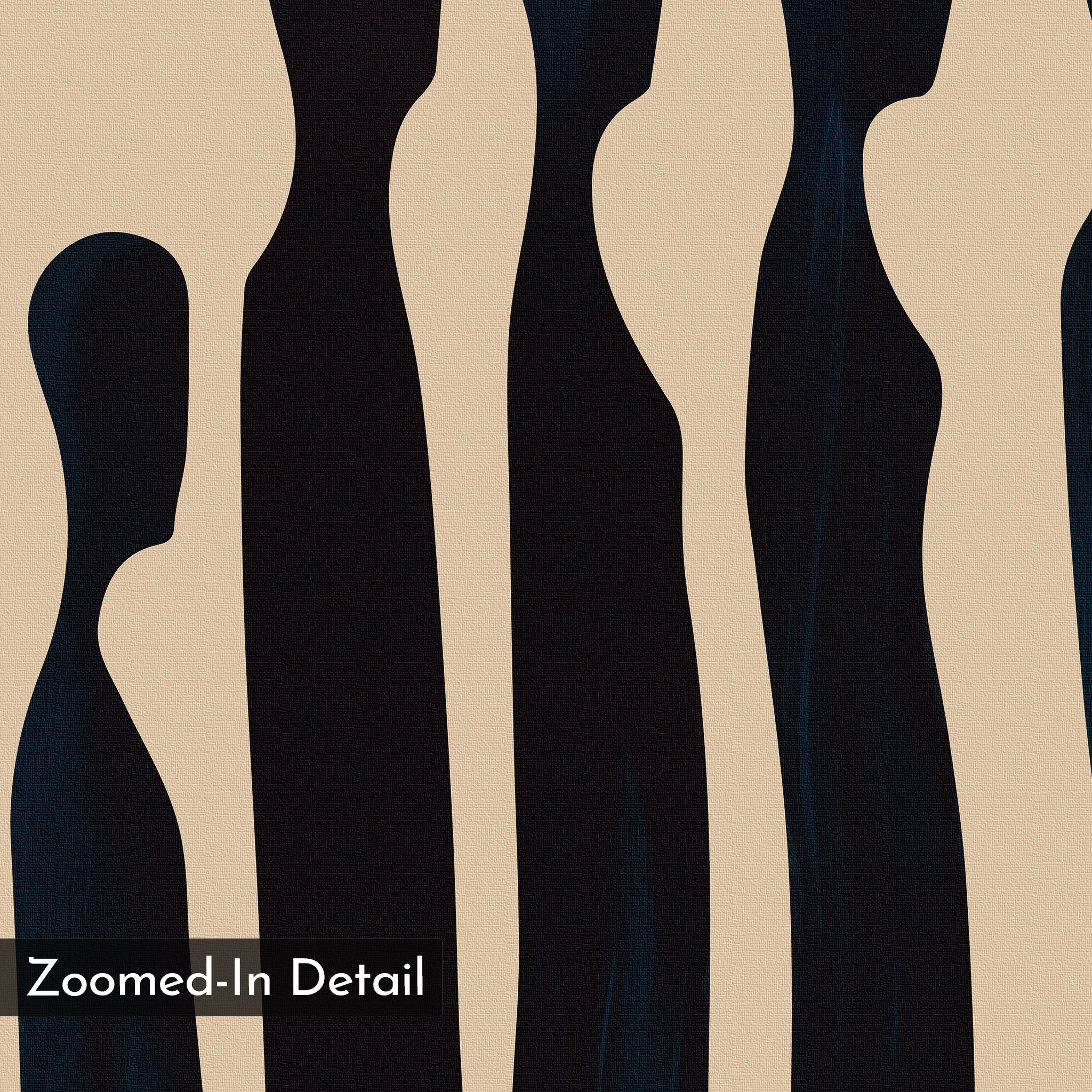 The Indigo Profile Abstract Canvas Art features tall, wavy black forms on a beige background, resembling elongated figures. Its minimalist, canvas-like texture is ideal for modern living room decor, with "Zoomed-In Detail" in the corner.
