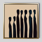 The Indigo Profile Abstract Canvas Art showcases six elongated, faceless black silhouettes on a beige background, making it an ideal minimalist accent for modern living room decor.