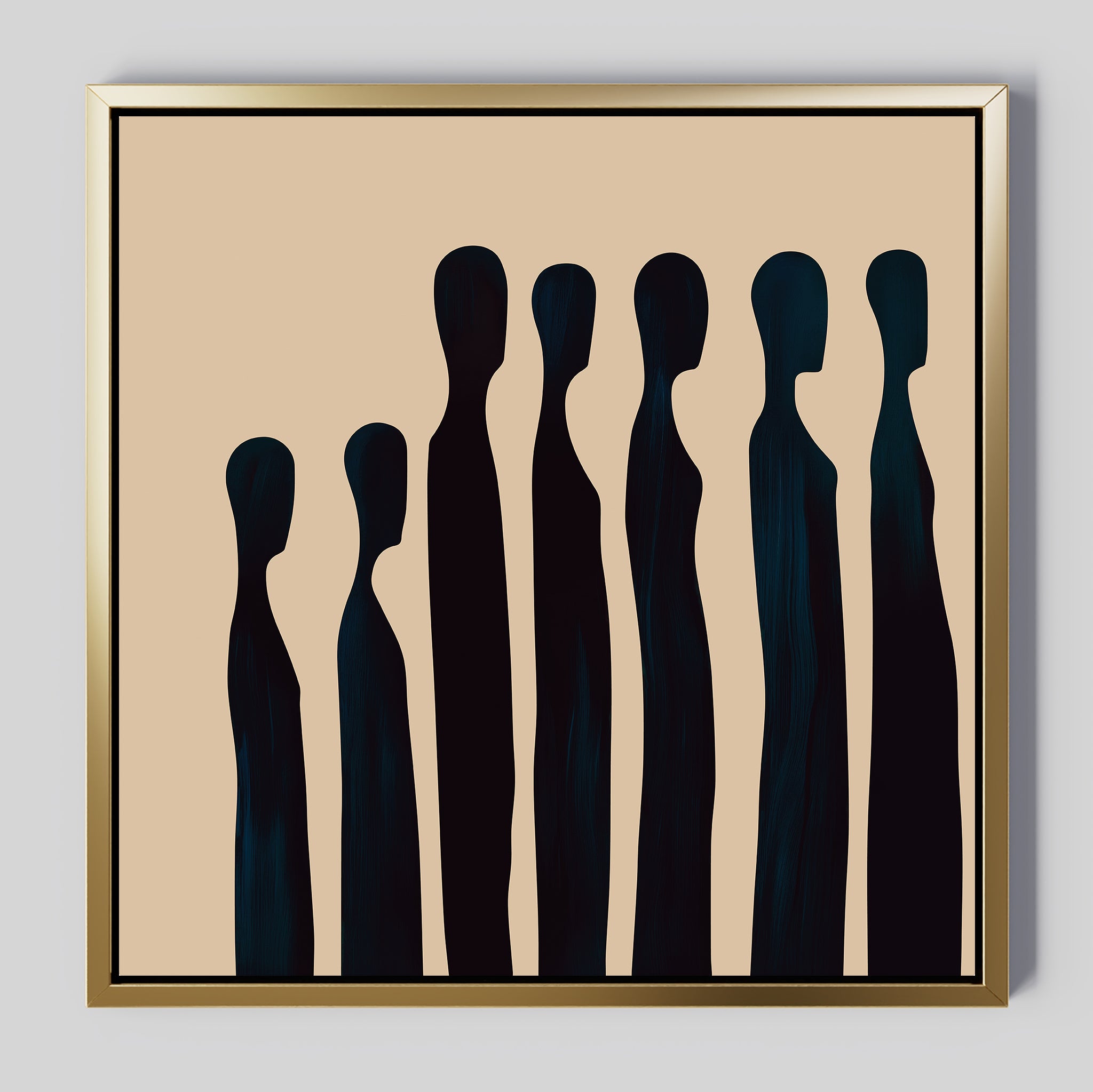 The Indigo Profile Abstract Canvas Art showcases six elongated, faceless black silhouettes on a beige background, making it an ideal minimalist accent for modern living room decor.