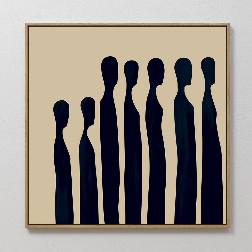 Indigo Profile Abstract Canvas Art showcases seven elongated, abstract black human figures on a beige background in a slim wooden frame—ideal minimalist wall decor for modern living rooms.