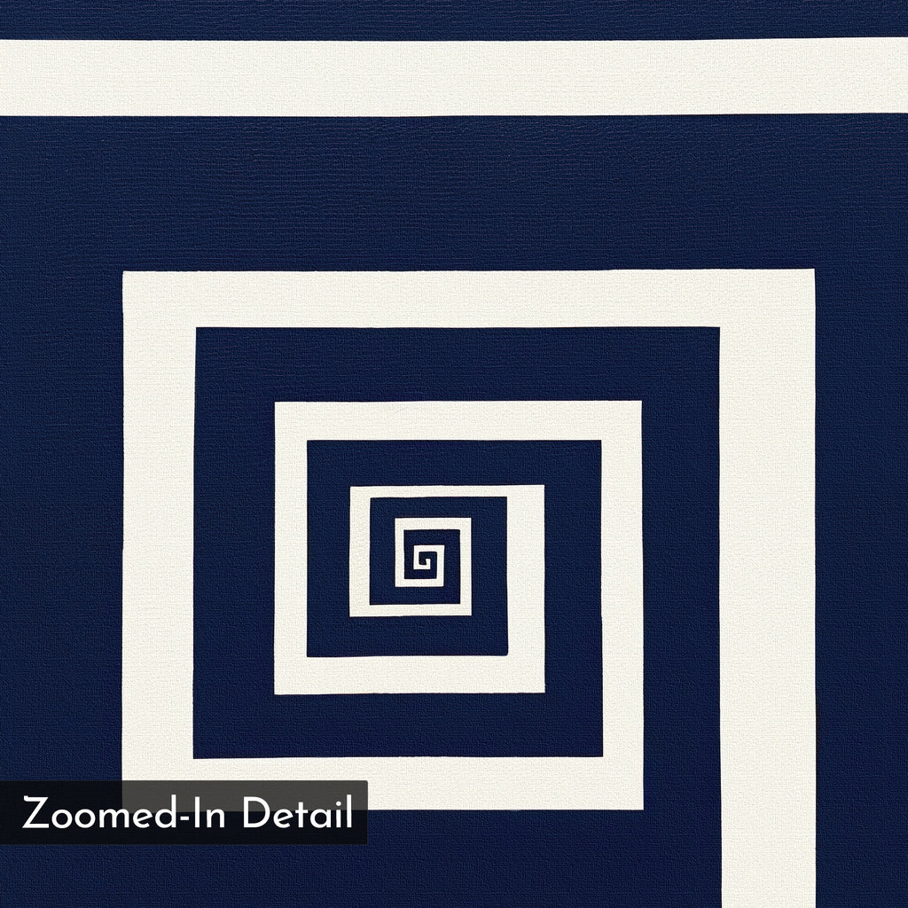 Infinite Descent Canvas Art features a geometric pattern of white concentric square spirals on a dark blue background with "Zoomed-In Detail" highlighted in a black box at the lower left, creating an abstract and minimalist wall decor piece.