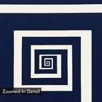 Infinite Descent Canvas Art features a geometric pattern of white concentric square spirals on a dark blue background with "Zoomed-In Detail" highlighted in a black box at the lower left, creating an abstract and minimalist wall decor piece.