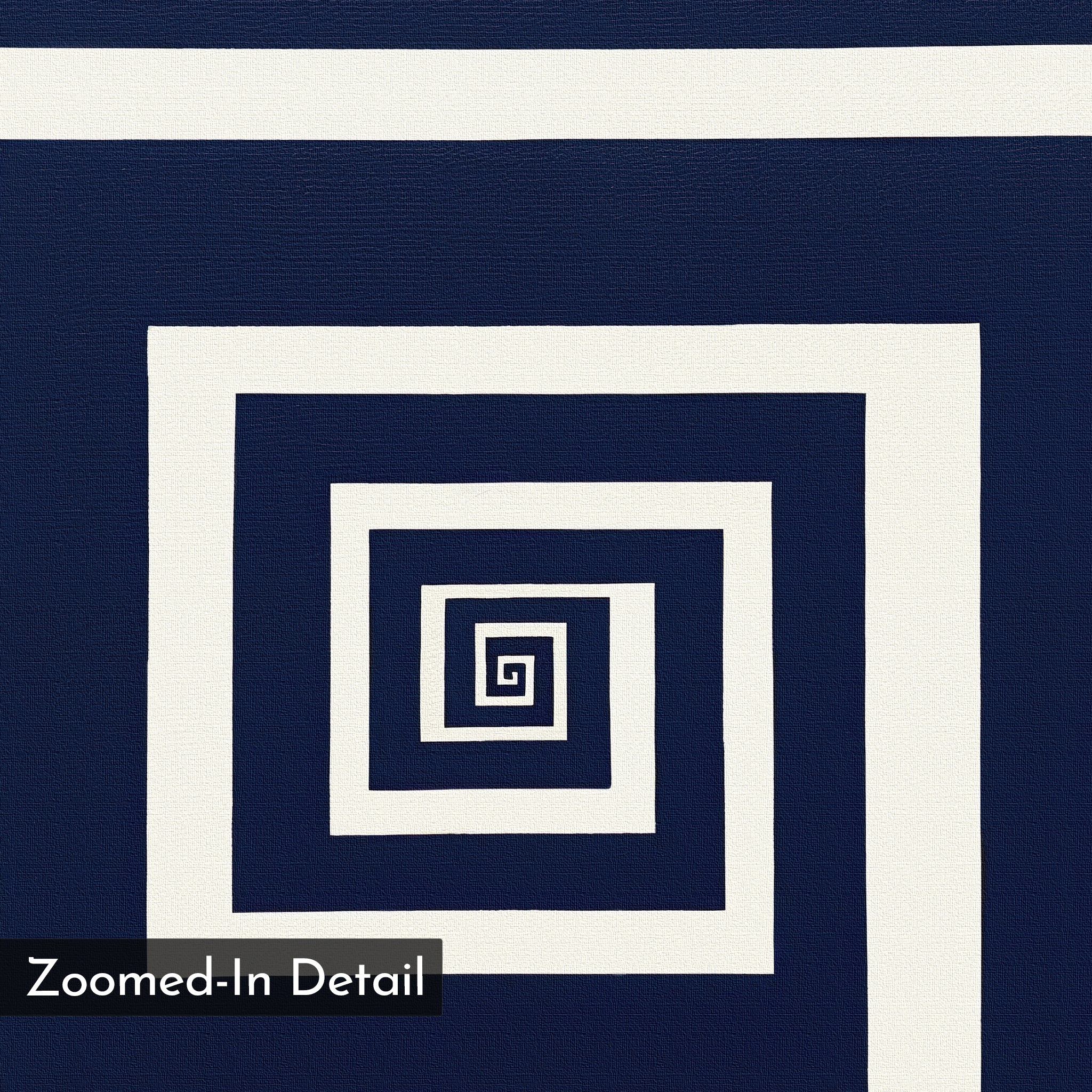 Infinite Descent Canvas Art features a geometric pattern of white concentric square spirals on a dark blue background with "Zoomed-In Detail" highlighted in a black box at the lower left, creating an abstract and minimalist wall decor piece.