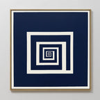 The Infinite Descent Canvas Art features white square spirals on a dark blue background, creating an optical illusion. Its light wood frame adds a modern touch, making it striking decor for light gray walls.