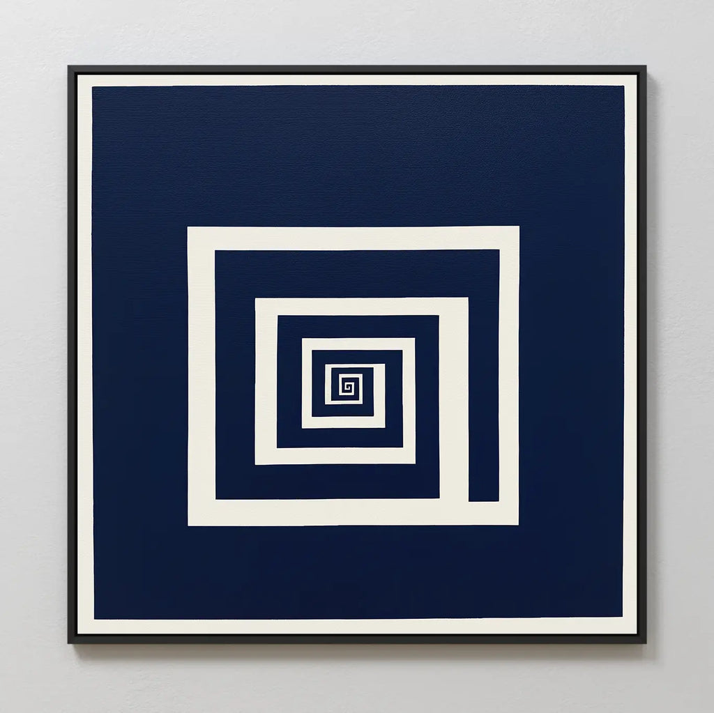 Infinite Descent Canvas Art features a geometric spiral of white square lines on a dark blue background, creating a minimalist optical illusion and sense of depth—perfect for adding modern style to any space.