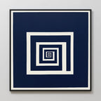 Infinite Descent Canvas Art features a geometric spiral of white square lines on a dark blue background, creating a minimalist optical illusion and sense of depth—perfect for adding modern style to any space.