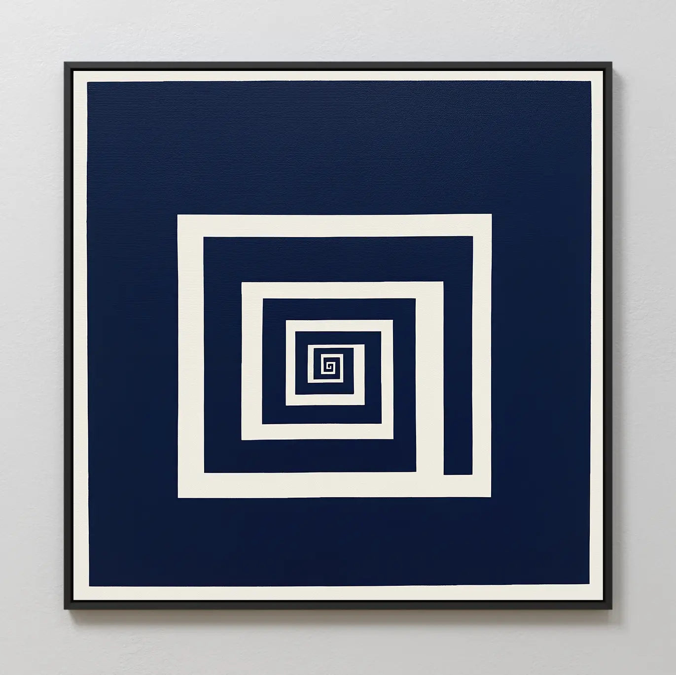 Infinite Descent Canvas Art features a geometric spiral of white square lines on a dark blue background, creating a minimalist optical illusion and sense of depth—perfect for adding modern style to any space.