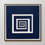 The Infinite Descent Canvas Art features white concentric squares in a spiral on a dark blue background, adding modern style to any light-colored wall.