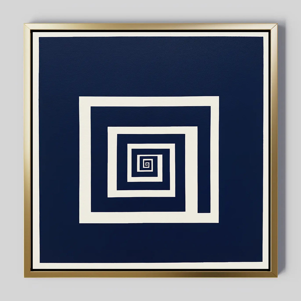 Infinite Descent Canvas Art features white square spirals nested on a dark blue background. The gold frame and minimalist design create a bold, geometric optical illusion perfect for modern decor.