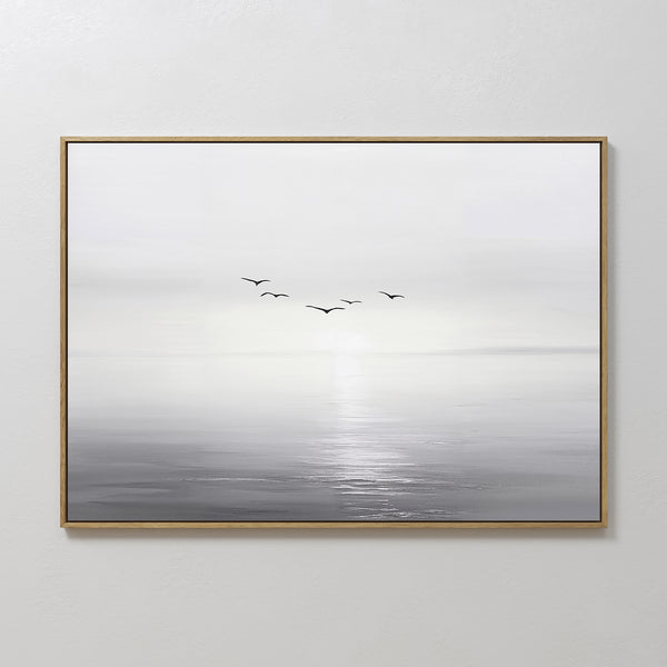 Into the Light Canvas Art – Horizontal: a minimalist framed painting of a serene gray and white seascape with sunlight on the water and five birds—ideal wall art for enhancing your living room decor.
