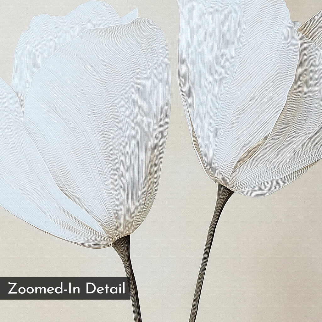 Close-up illustration of two delicate white petals with fine lines and dark stems on a light background—Ivory Buds Canvas Art is perfect floral wall decor for minimalists. A Zoomed-In Detail label appears in the bottom left corner.