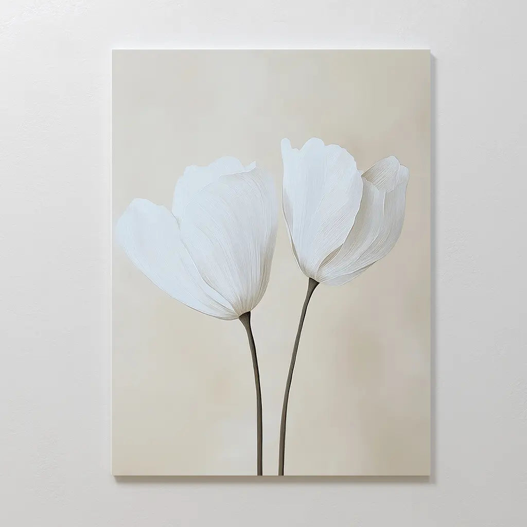The Ivory Buds Canvas Art showcases two white flowers with delicate petals and slender stems on a soft beige background—ideal floral wall art for minimalist decor and neutral-toned interiors.