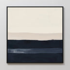 Ivory Dusk Canvas Art showcases abstract horizontal bands in navy, blue, beige, and cream with softly blended edges. Presented in a thin black frame, its perfect for modern interiors and looks stunning on white walls.