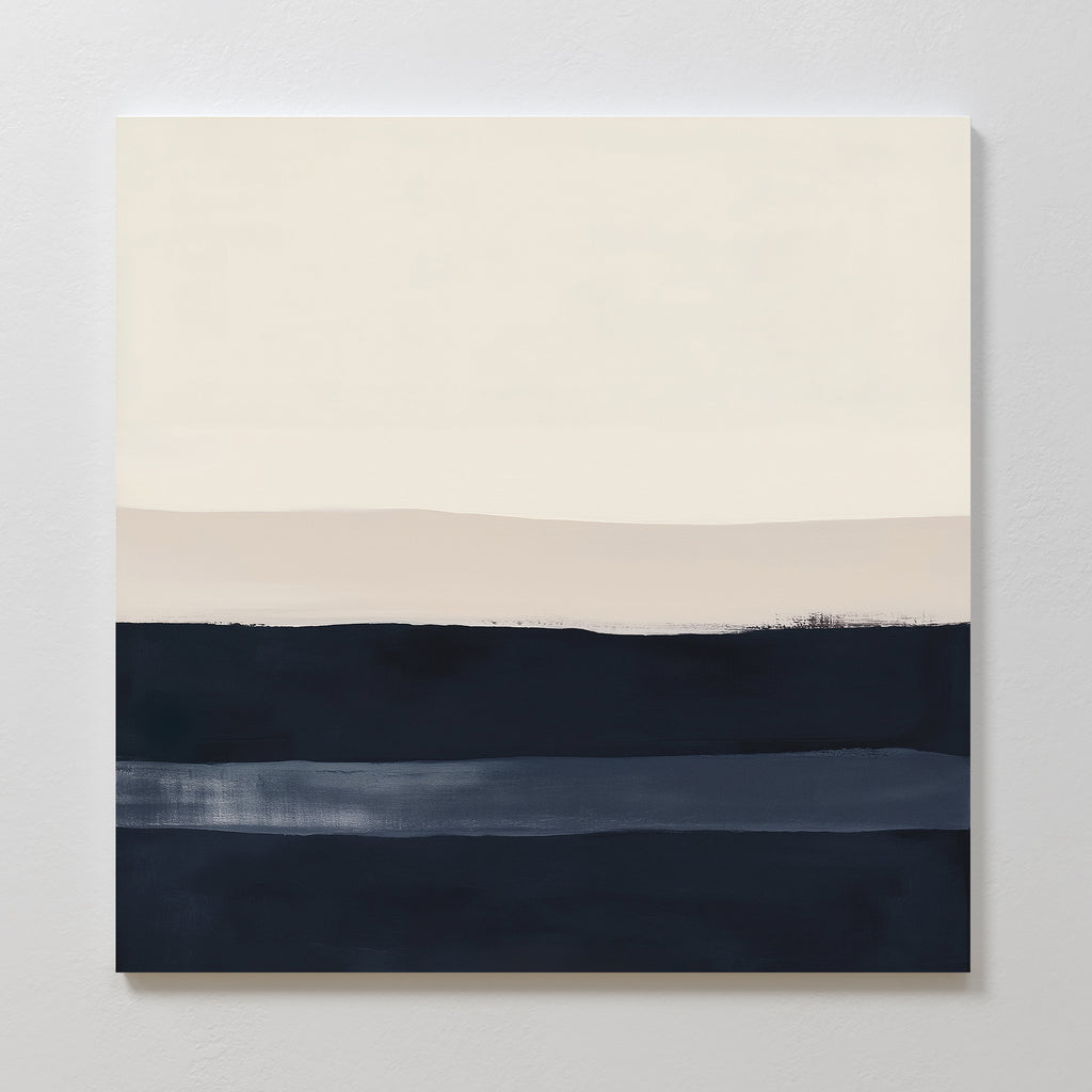 The Ivory Dusk Canvas Art showcases wide horizontal bands of dark blue, navy, and beige on a light cream background with softly blended edges—a serene, modern piece ideal for elevating contemporary interiors or canvas art collections.