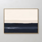 The Ivory Dusk Canvas Art – Horizontal features minimalist abstract bands in cream, light beige, and dark navy blue with a sleek gold frame—an elegant addition to modern interiors and perfect for accenting any light gray wall.