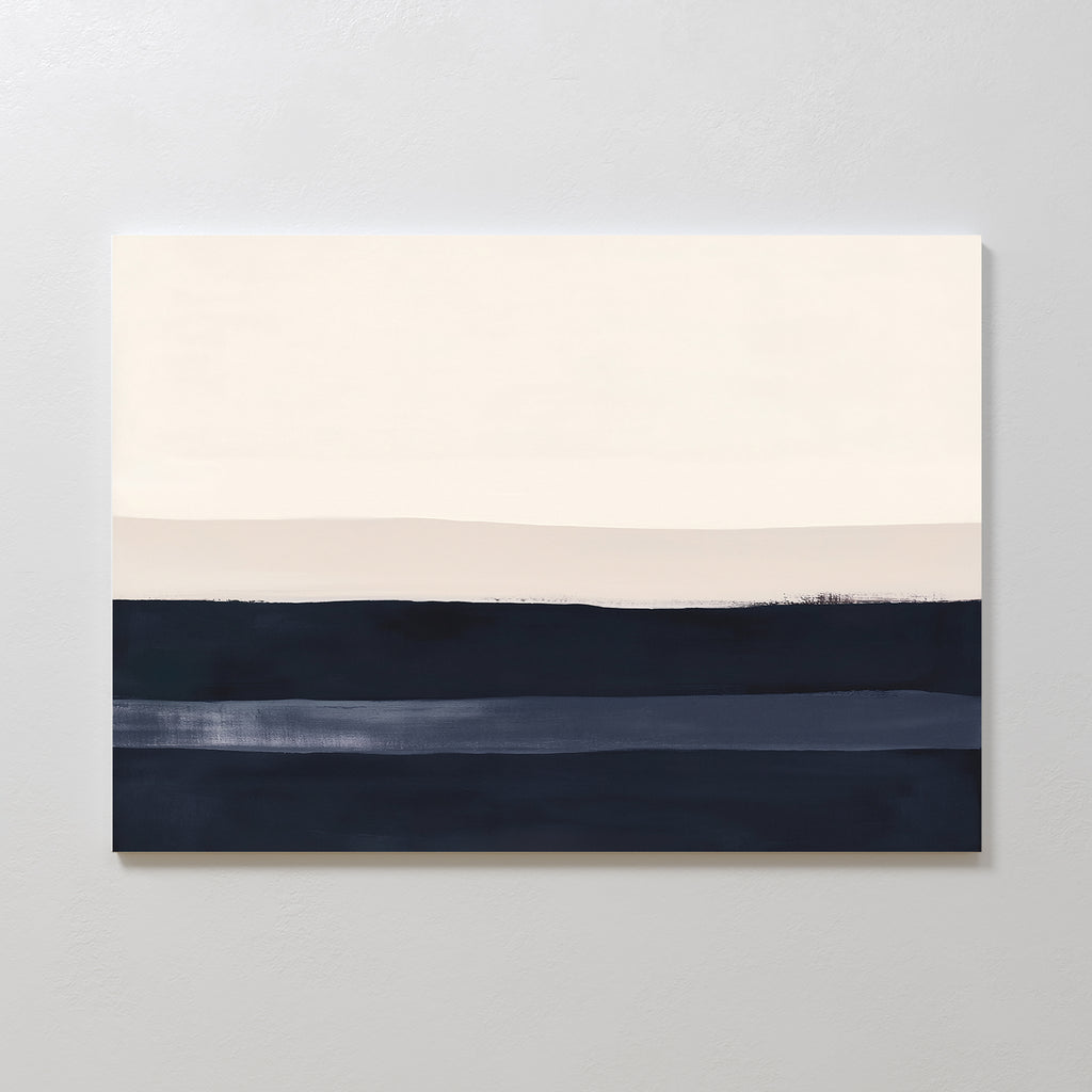 The Ivory Dusk Canvas Art – Horizontal features broad cream, beige, and dark blue bands on a light gray wall—ideal for modern interiors wanting calm, serene living room decor.
