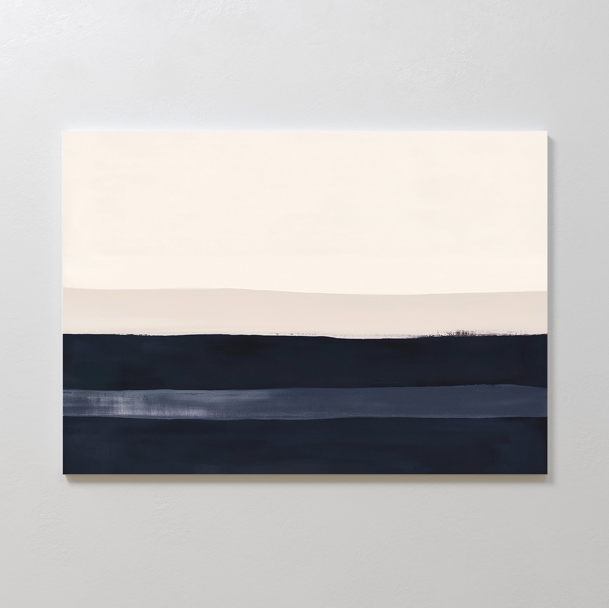 The Ivory Dusk Canvas Art – Horizontal features broad cream, beige, and dark blue bands on a light gray wall—ideal for modern interiors wanting calm, serene living room decor.