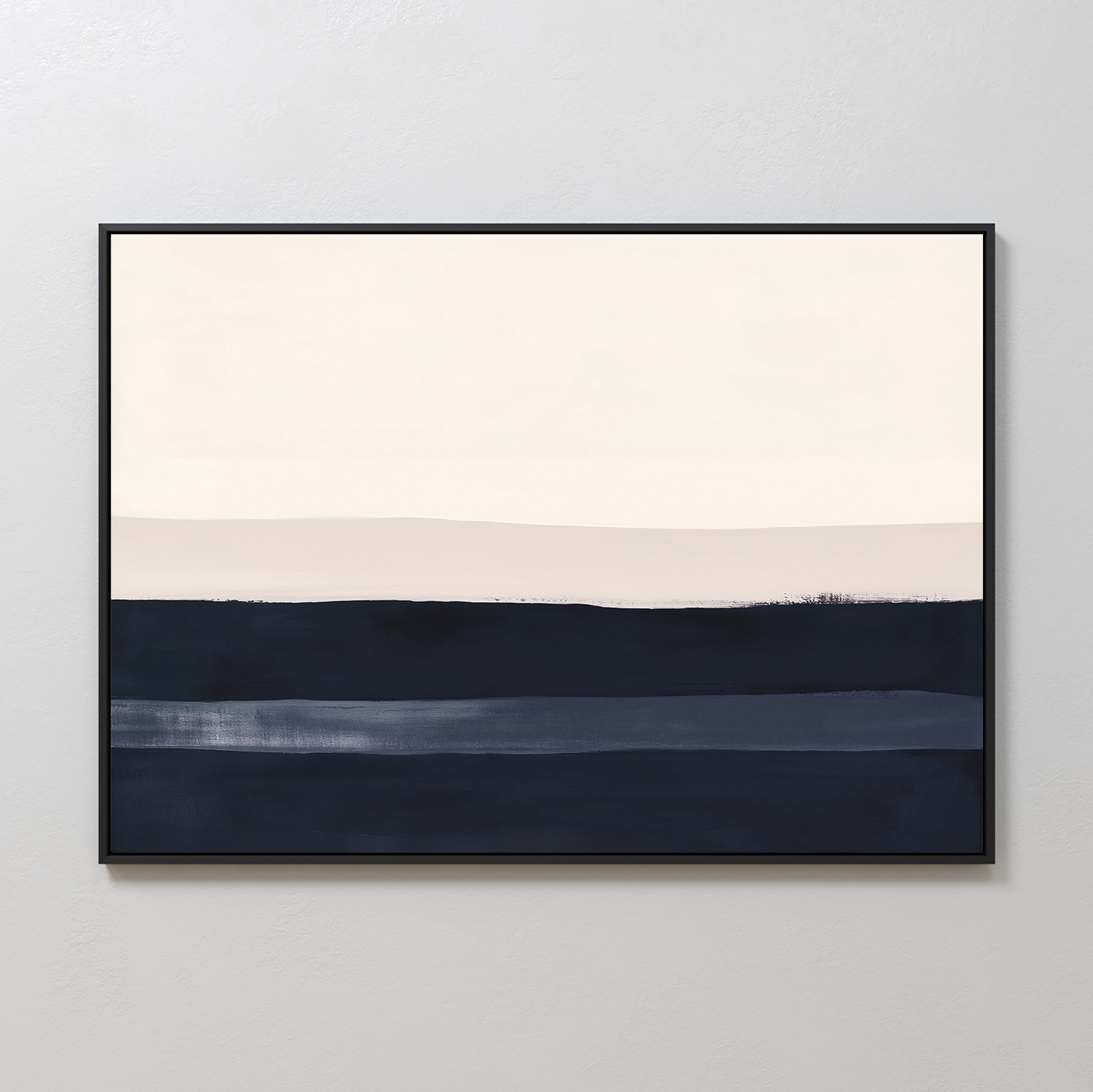 Ivory Dusk Canvas Art – Horizontal: Minimalist wall art with abstract cream, light beige, and dark blue bands in a black frame, displayed on a light gray wall—an elegant touch for modern interiors or living room decor.