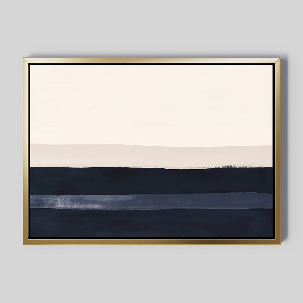The Ivory Dusk Canvas Art – Horizontal features minimalist abstract bands in cream, beige, and navy blue with a gold frame on a light gray background—perfect wall art for modern interiors or stylish living room decor.