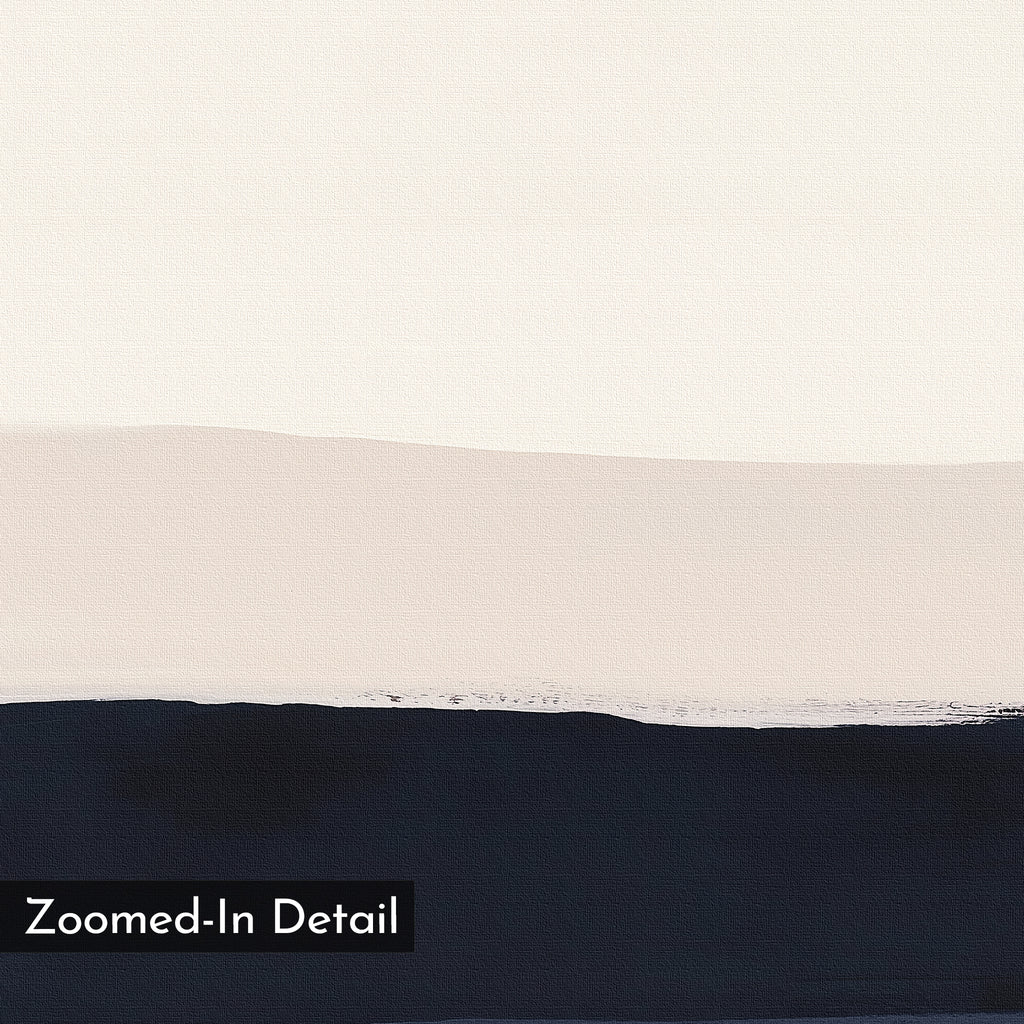 Ivory Dusk Canvas Art – Horizontal features three layers: a large white upper section, slim beige middle band, and bold dark navy base. "Zoomed-In Detail" appears in the lower left. Perfect minimalist wall art for modern spaces.