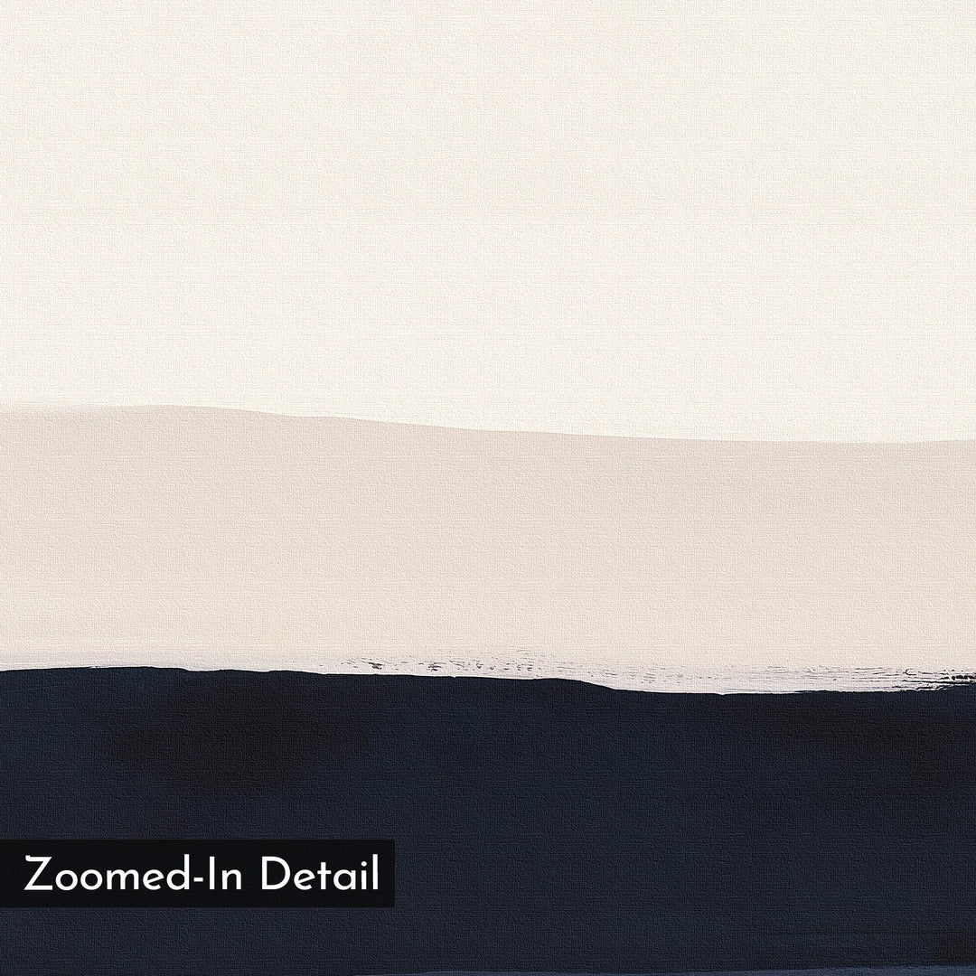 Ivory Dusk Canvas Art – Horizontal features three layers: a large white upper section, slim beige middle band, and bold dark navy base. "Zoomed-In Detail" appears in the lower left. Perfect minimalist wall art for modern spaces.