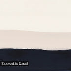 Ivory Dusk Canvas Art – Horizontal features three layers: a large white upper section, slim beige middle band, and bold dark navy base. "Zoomed-In Detail" appears in the lower left. Perfect minimalist wall art for modern spaces.