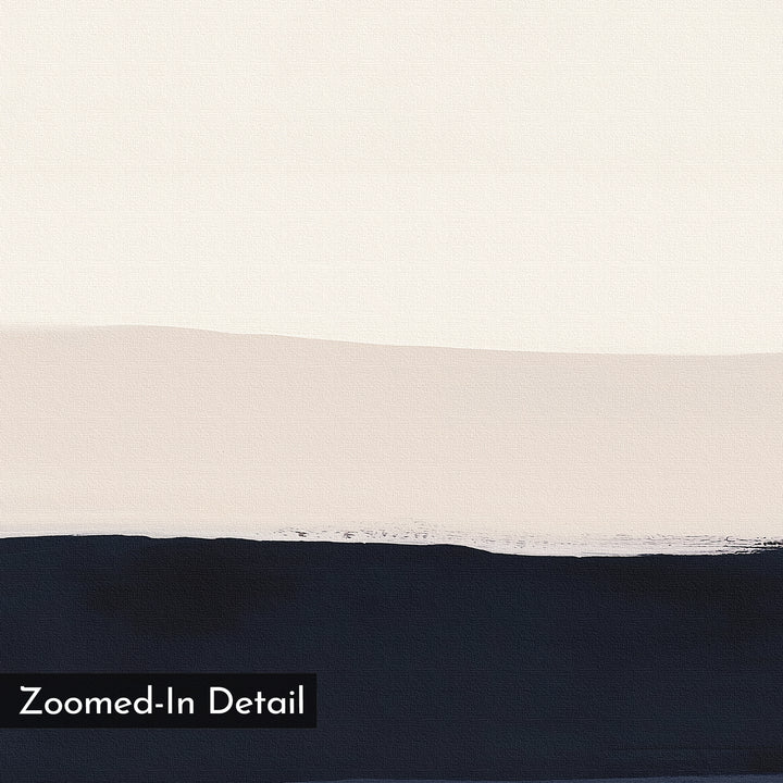 Ivory Dusk Canvas Art – Horizontal features three layers: a large white upper section, slim beige middle band, and bold dark navy base. "Zoomed-In Detail" appears in the lower left. Perfect minimalist wall art for modern spaces.
