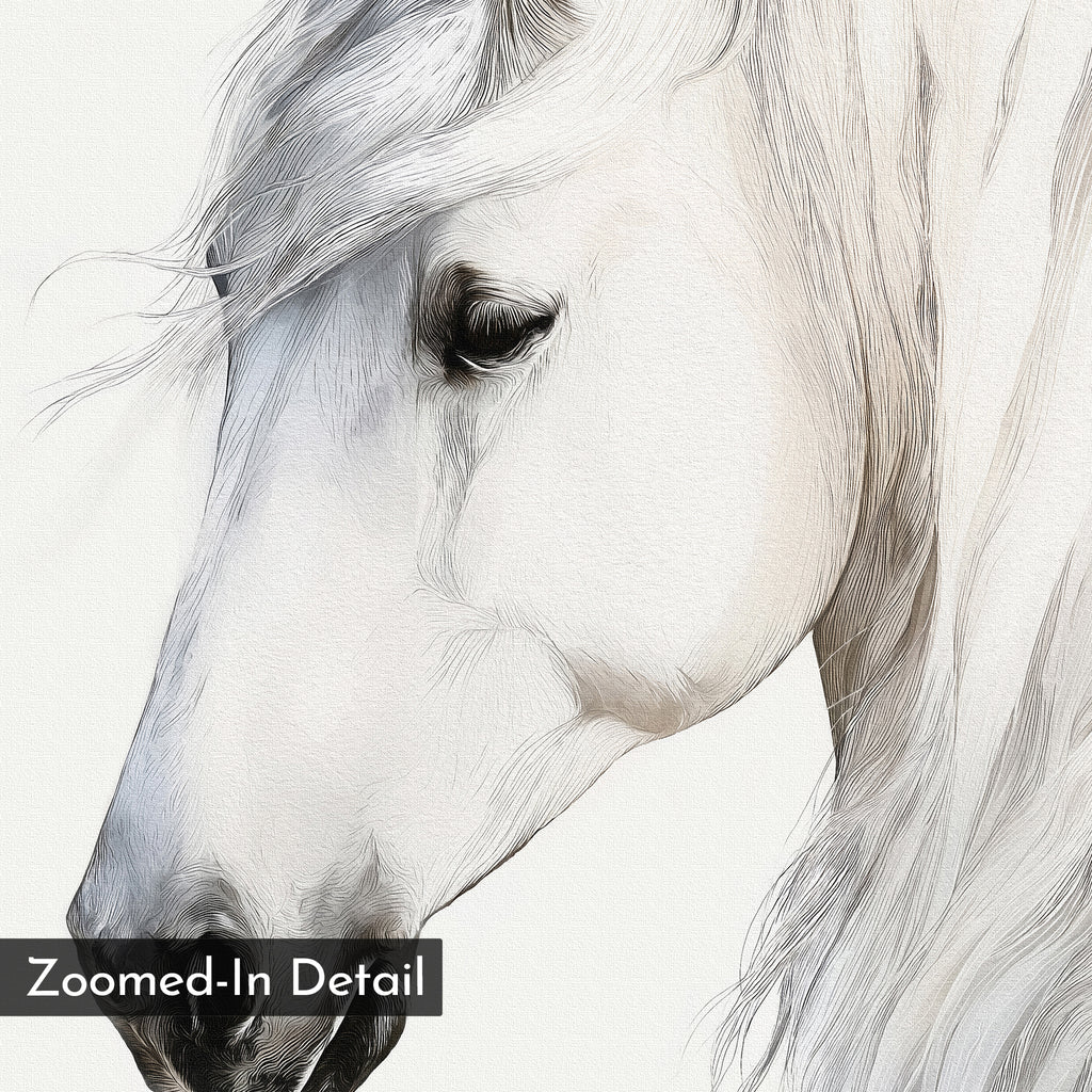 Ivory Mane Canvas Art showcases a close-up illustration of a white horse’s face and mane with fine pencil-style lines, minimalist background, and “Zoomed-In Detail” label in the lower left corner.