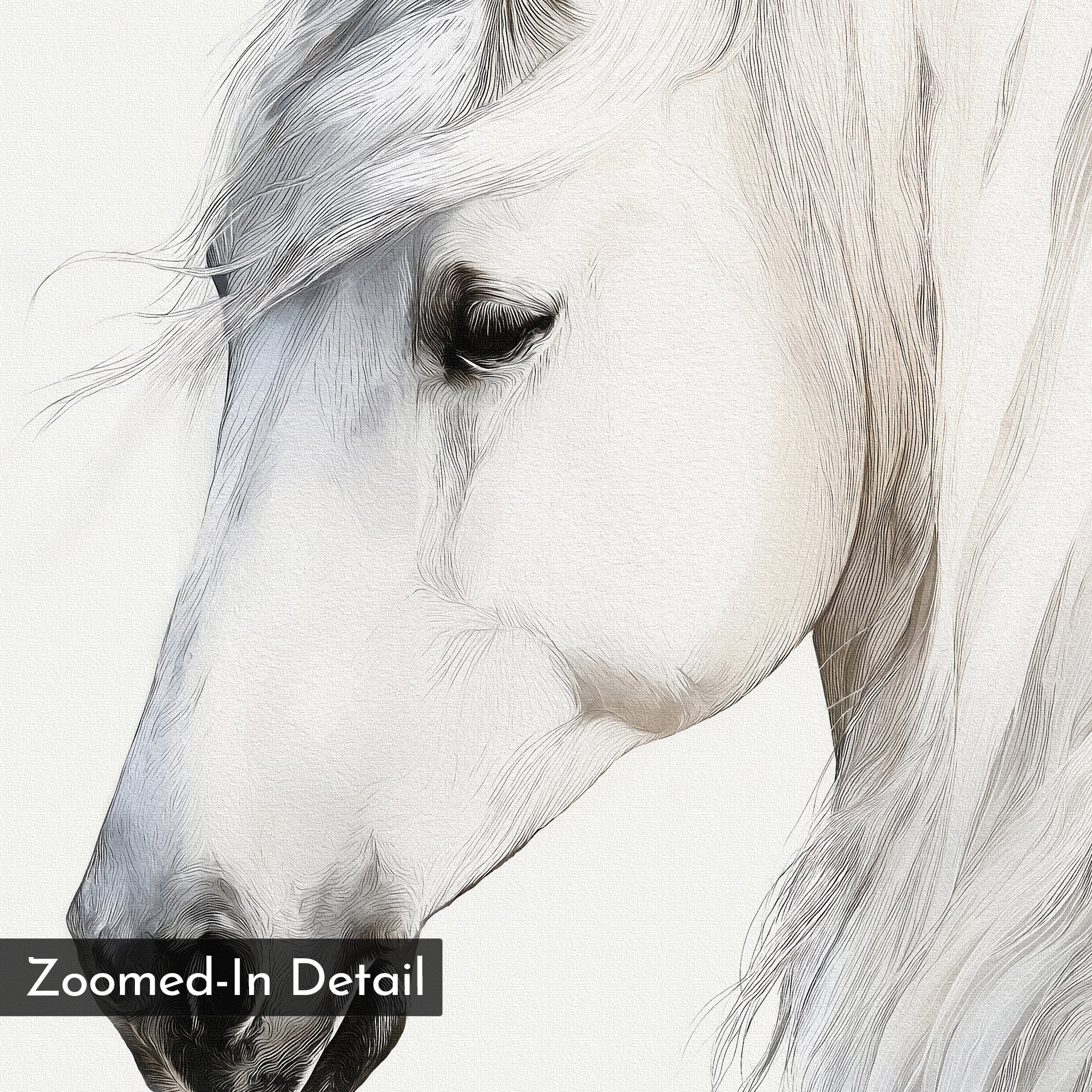 Ivory Mane Canvas Art showcases a close-up illustration of a white horse’s face and mane with fine pencil-style lines, minimalist background, and “Zoomed-In Detail” label in the lower left corner.