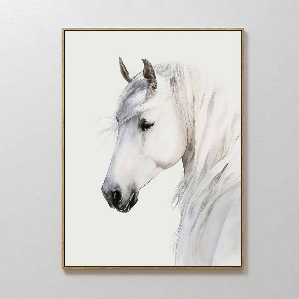 Ivory Mane Canvas Art features a framed side profile of a calm, elegant white horse with a flowing mane on a plain background—ideal minimalist wall décor for any space.