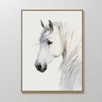 Ivory Mane Canvas Art features a framed side profile of a calm, elegant white horse with a flowing mane on a plain background—ideal minimalist wall décor for any space.