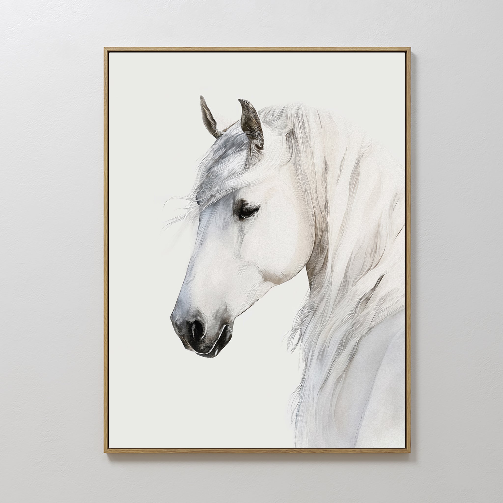 Ivory Mane Canvas Art features a framed side profile of a calm, elegant white horse with a flowing mane on a plain background—ideal minimalist wall décor for any space.